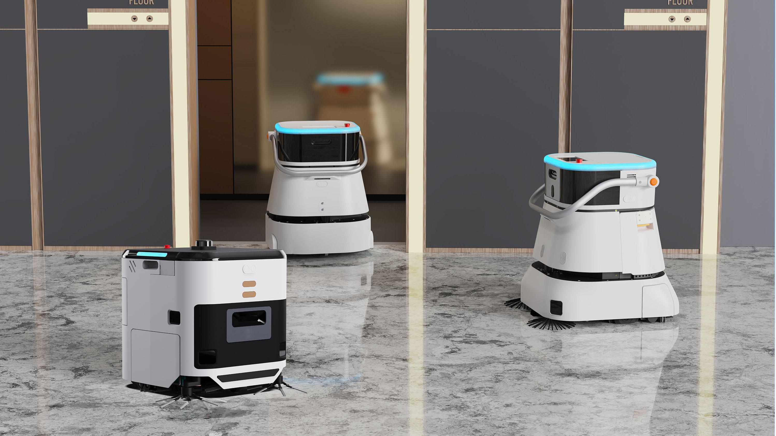 Commercial cleaning robot working on a hard floor