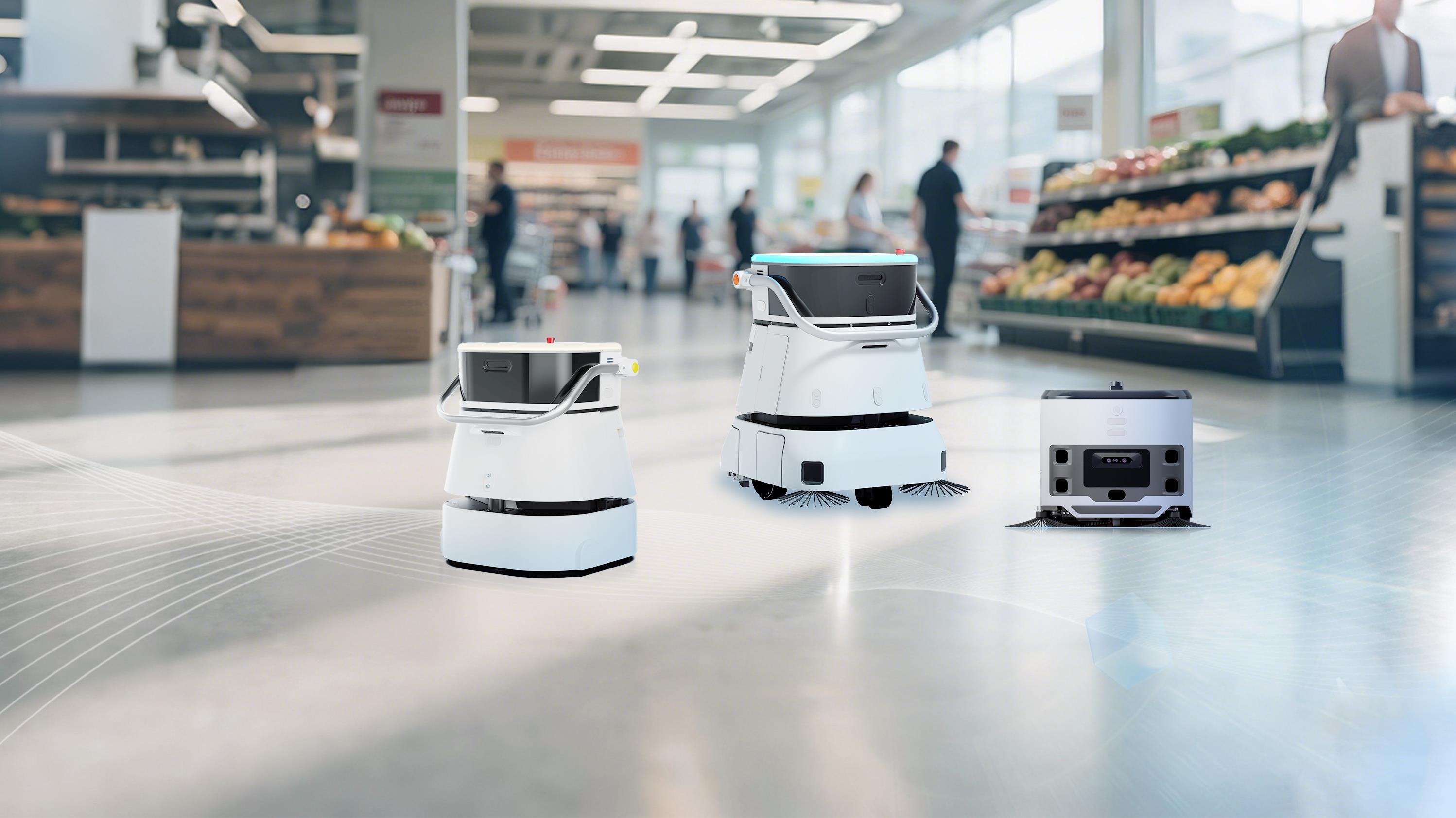Commercial cleaning robots working in a facility